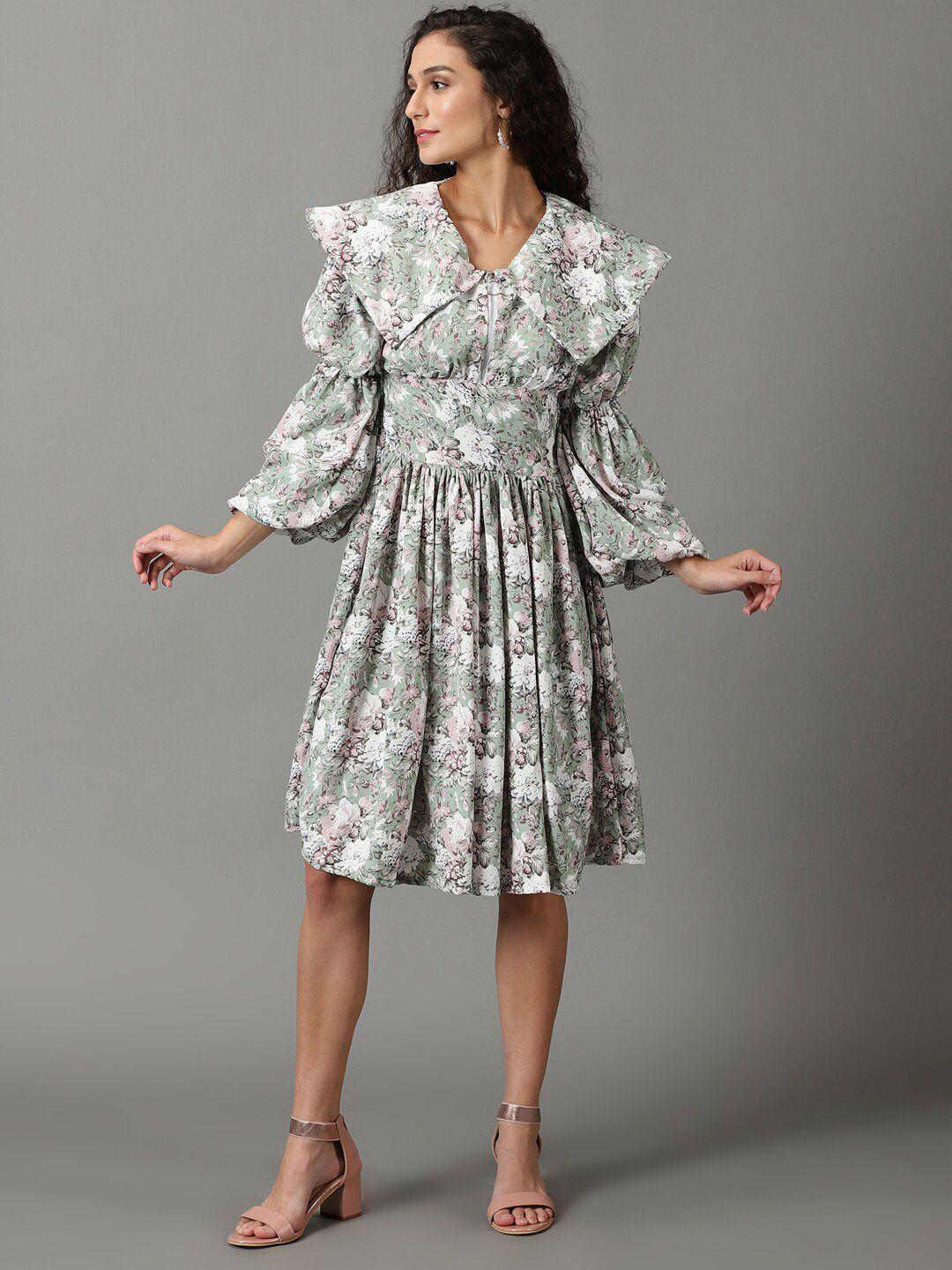 showoff  floral printed puff sleeves gathered fit & flare dress