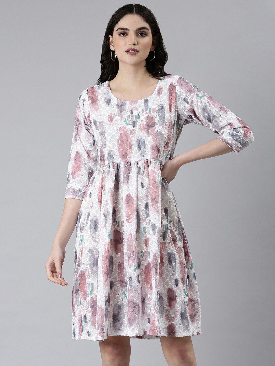showoff abstract printed embroidered & gathered cotton fit & flare dress