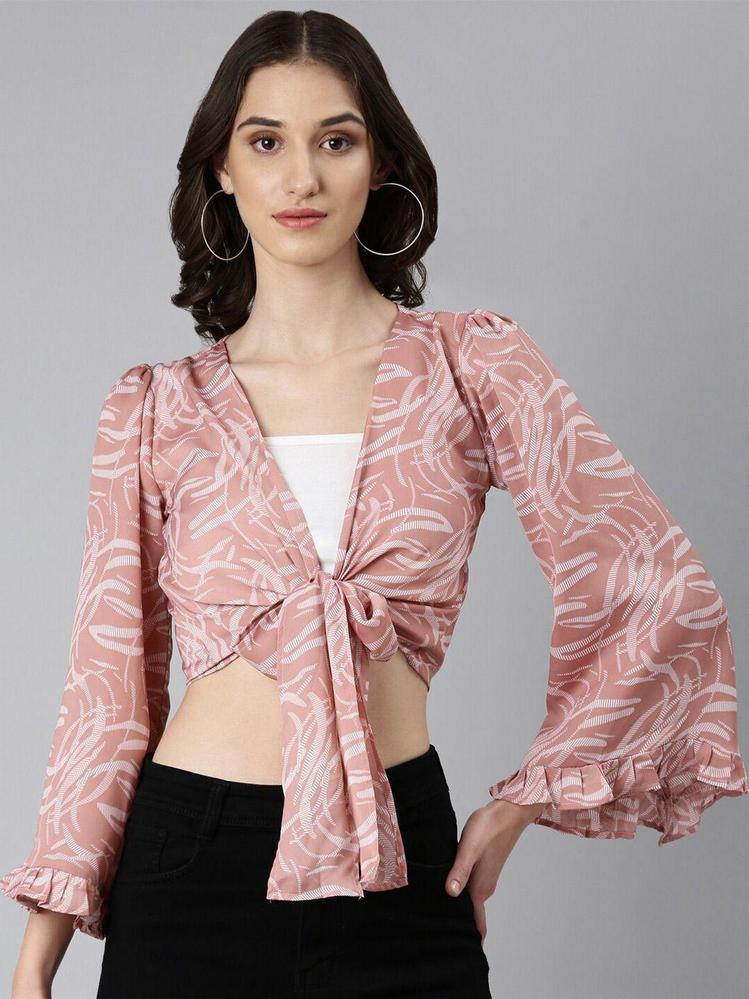 showoff abstract printed flared sleeves tie-ups wrap crop top