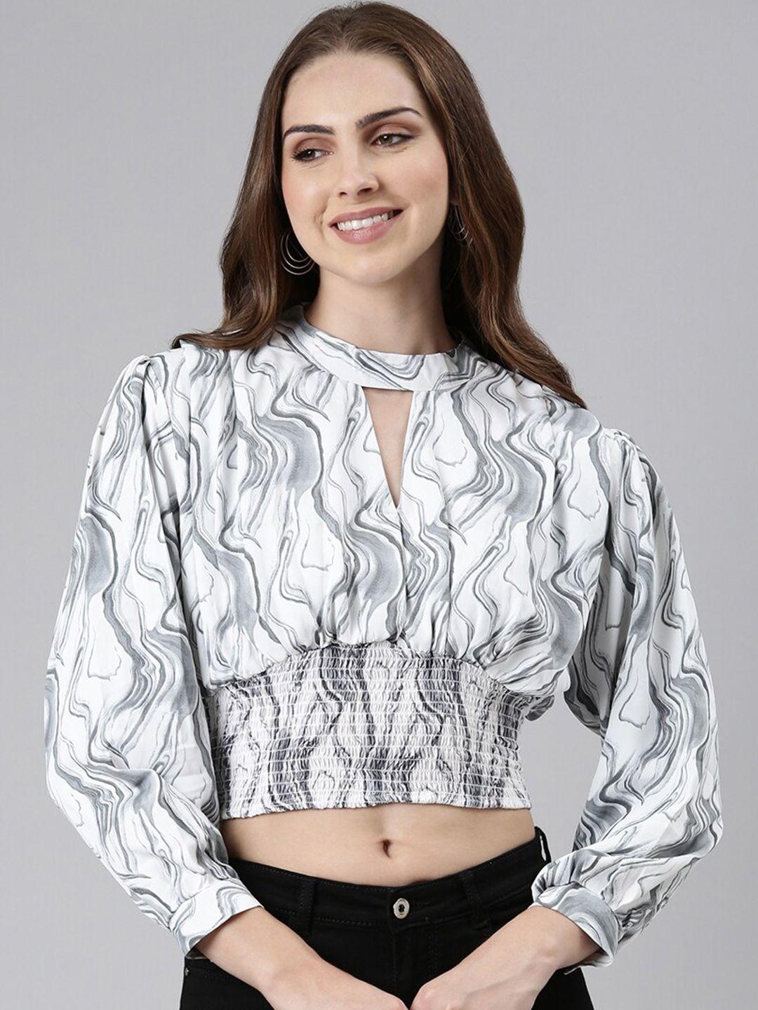 showoff abstract printed keyhole neck cinched waist crop top