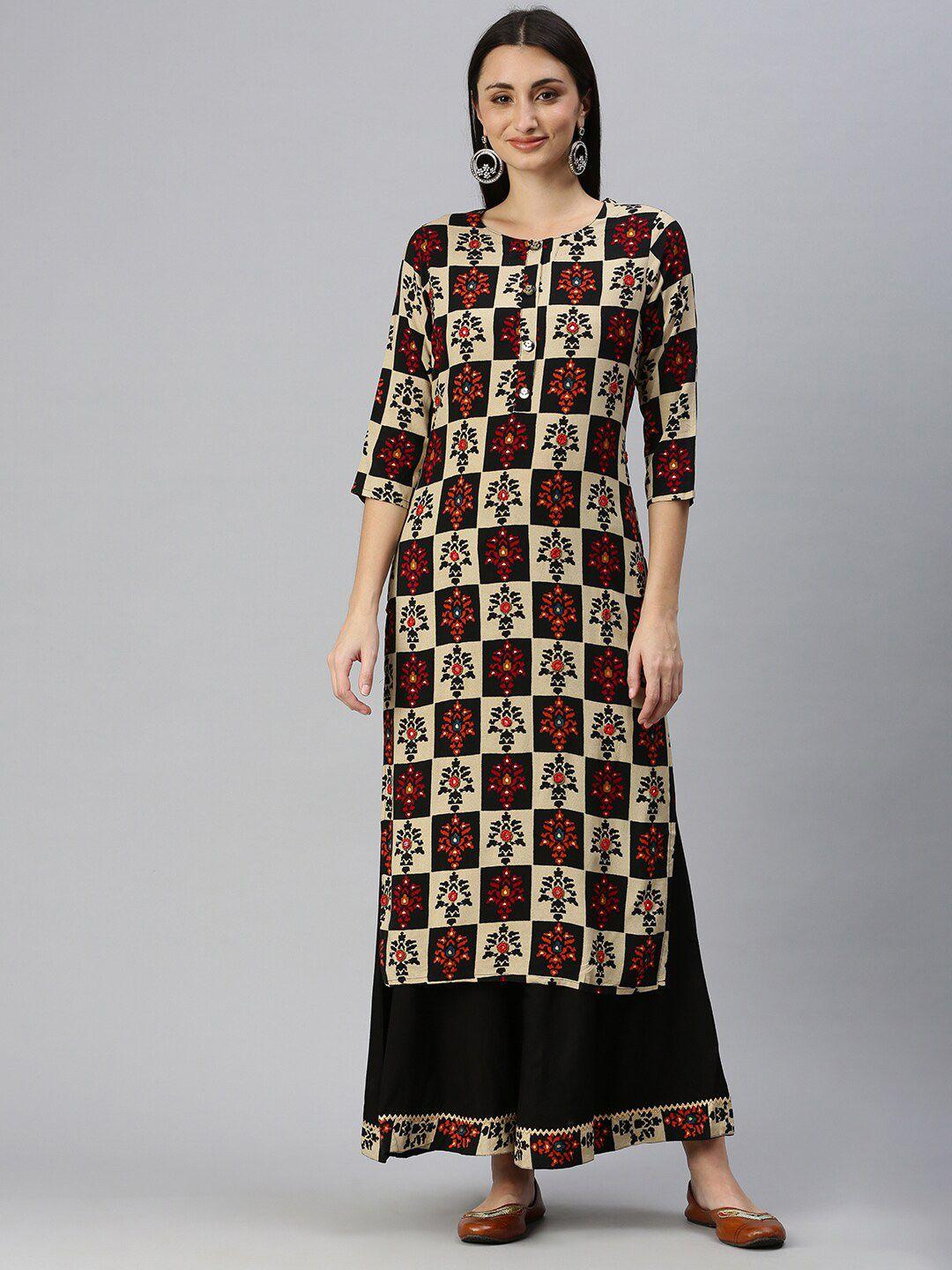 showoff abstract printed mirror work kurta with palazzos