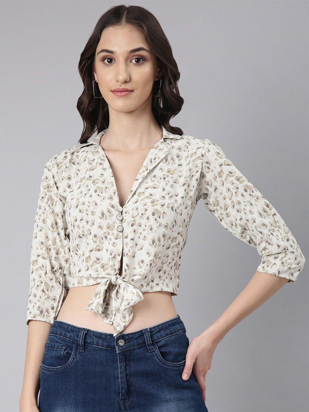 showoff abstract printed puffed sleeves tie-ups shirt style crop top
