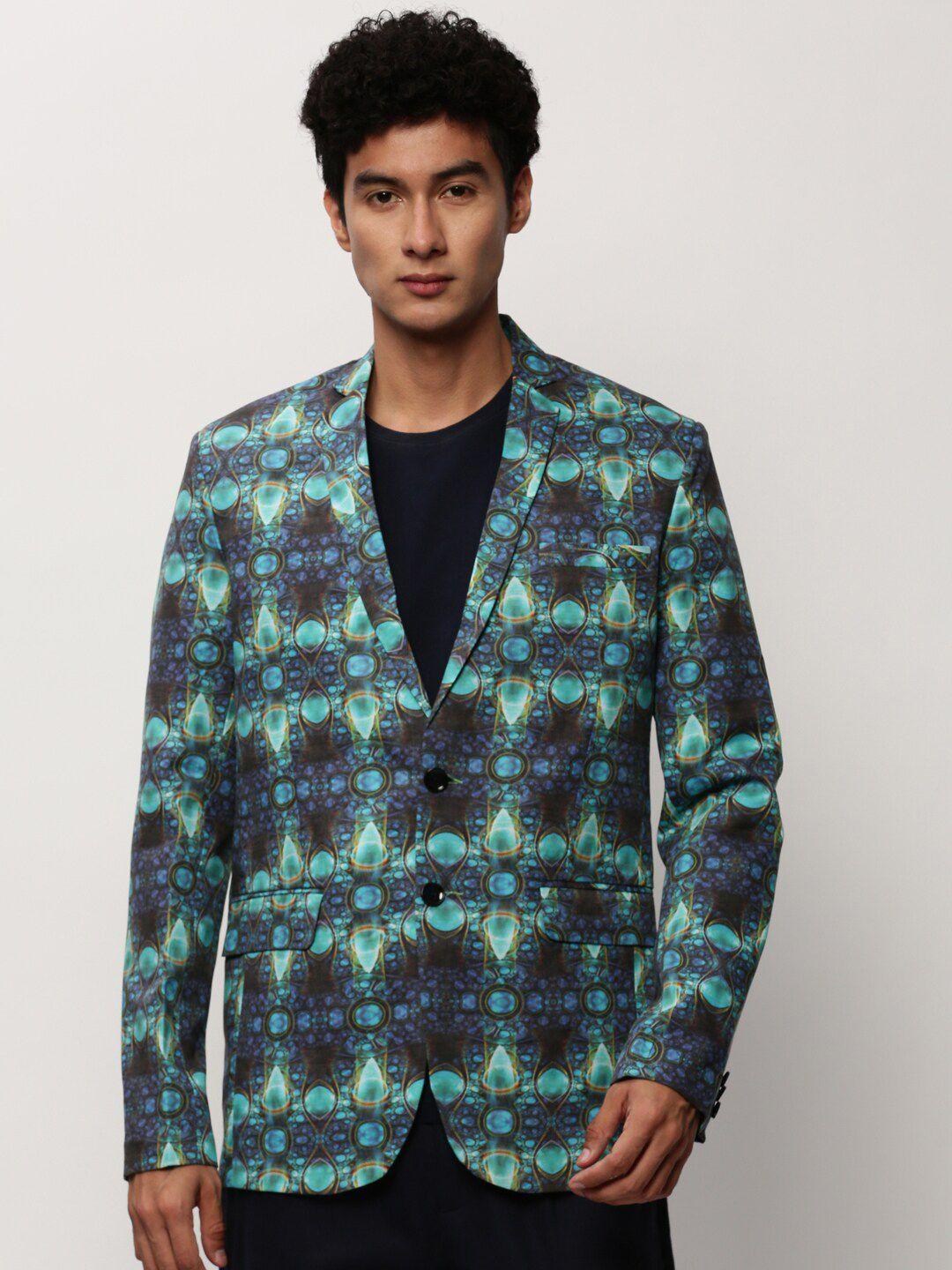 showoff abstract printed slim-fit single breasted cotton blazer