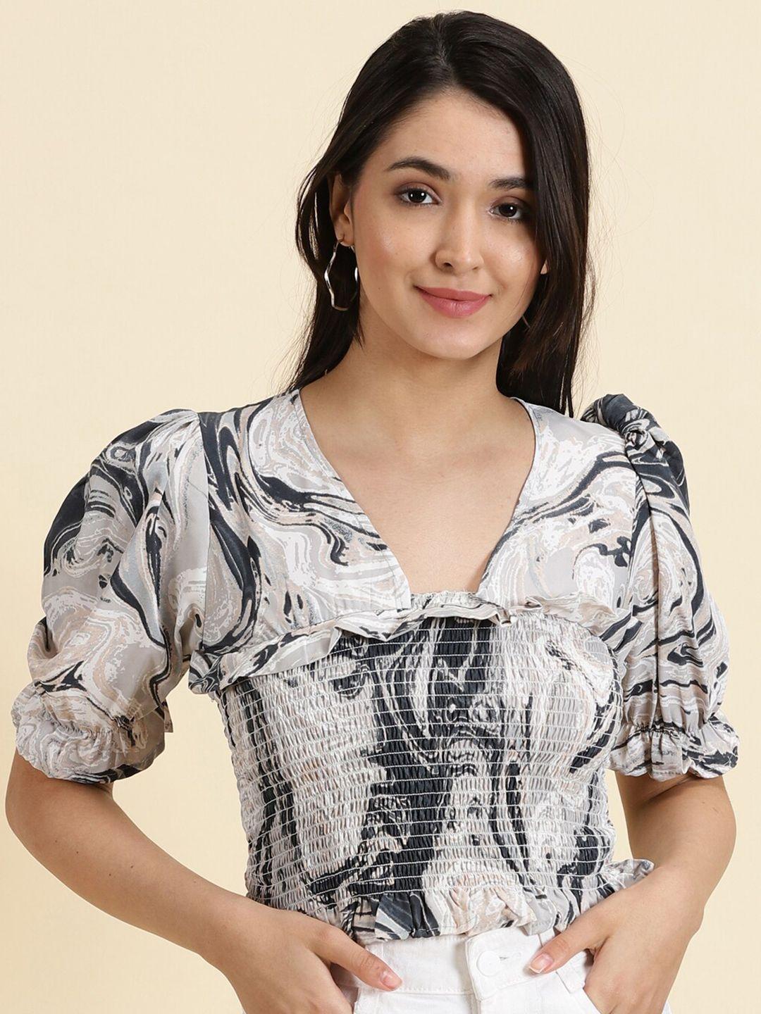 showoff abstract printed smocked crepe crop cinched waist top