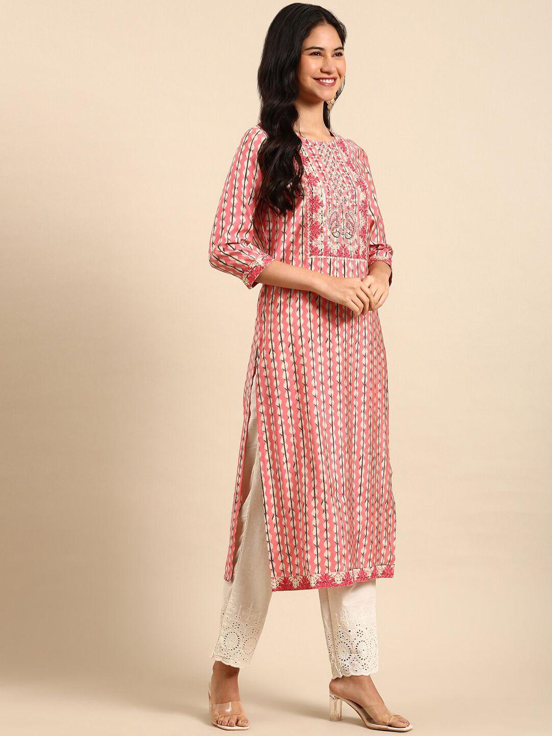 showoff abstract printed thread work chanderi cotton kurta with trousers & dupatta