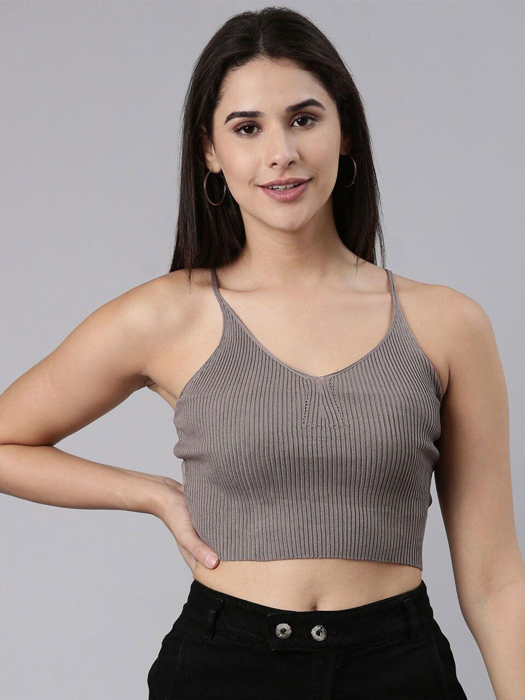 showoff acrylic shoulder straps fitted crop top