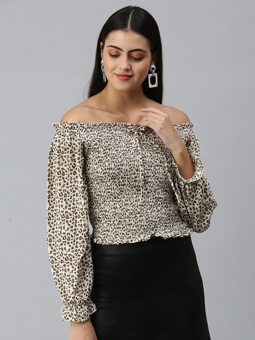 showoff animal printed off-shoulder smocking puff sleeves bardot top