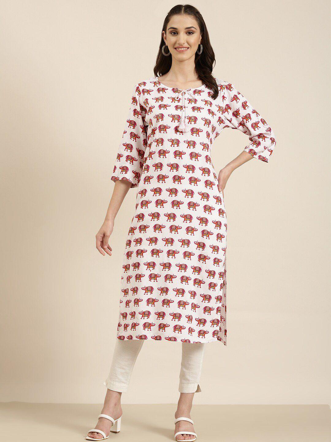 showoff animal printed tie-up neck straight kurta