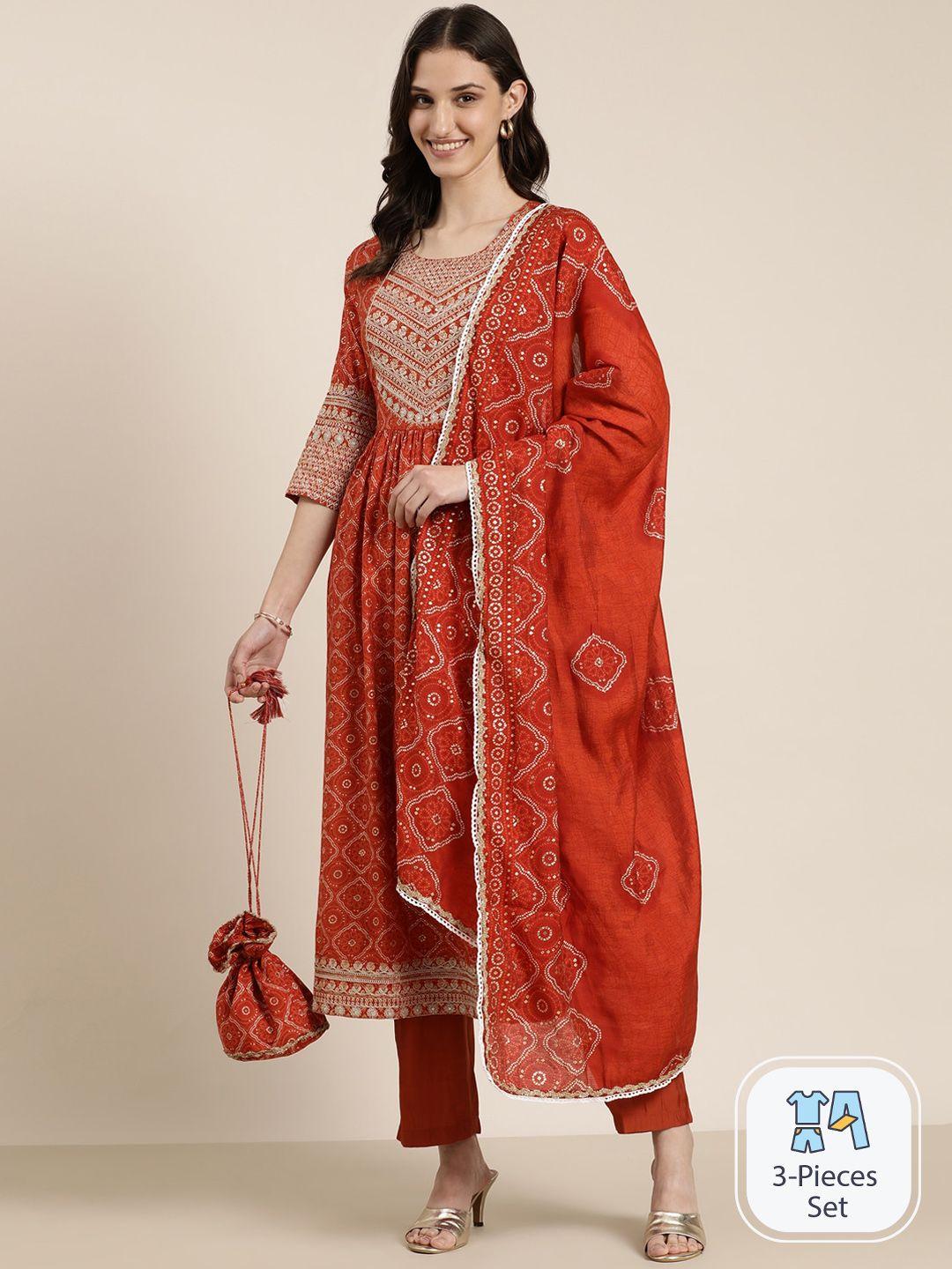 showoff bandhani embroidered empire thread work kurta with trousers & dupatta