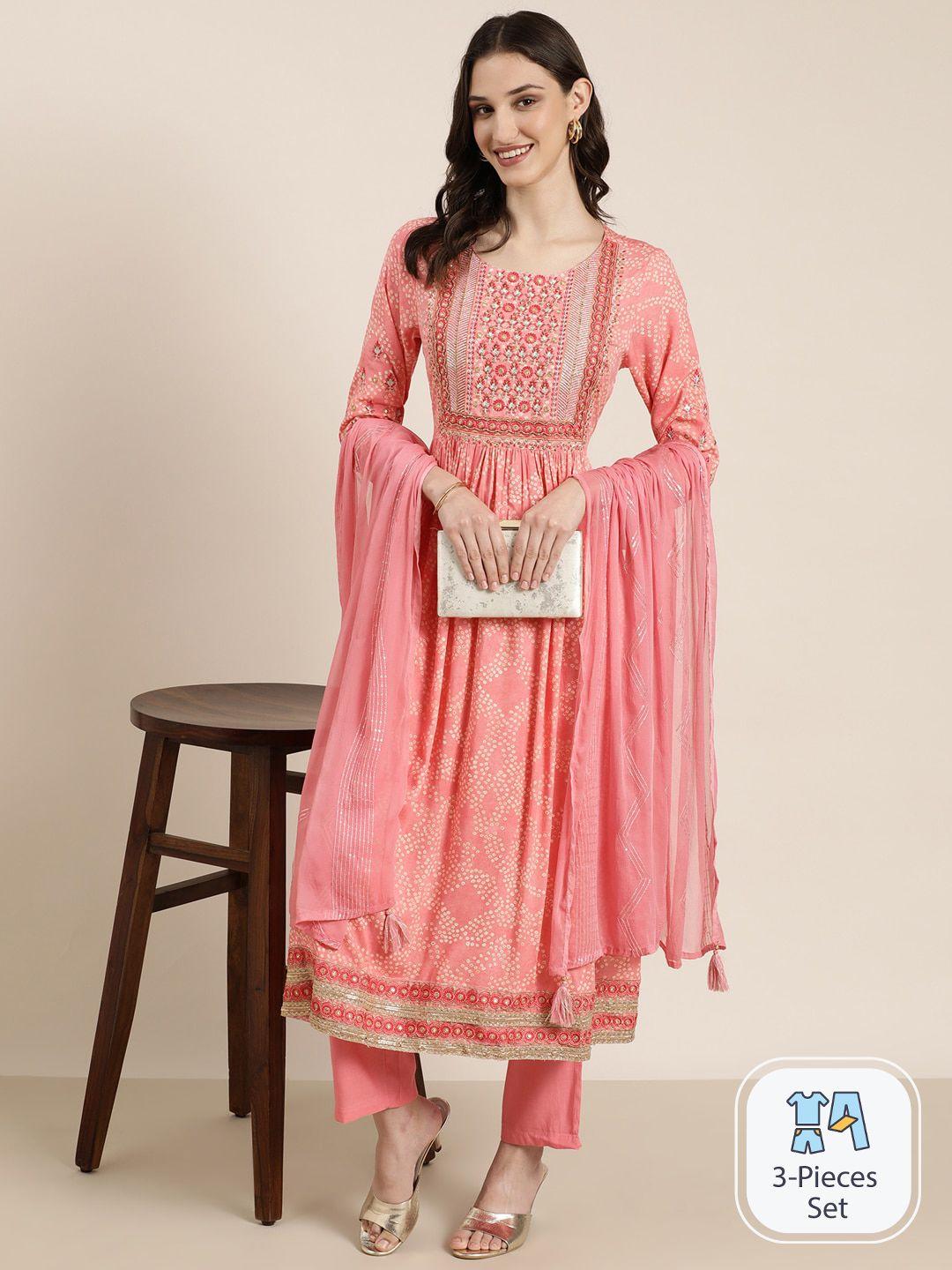 showoff bandhani embroidered thread work anarkali kurta with trousers & dupatta