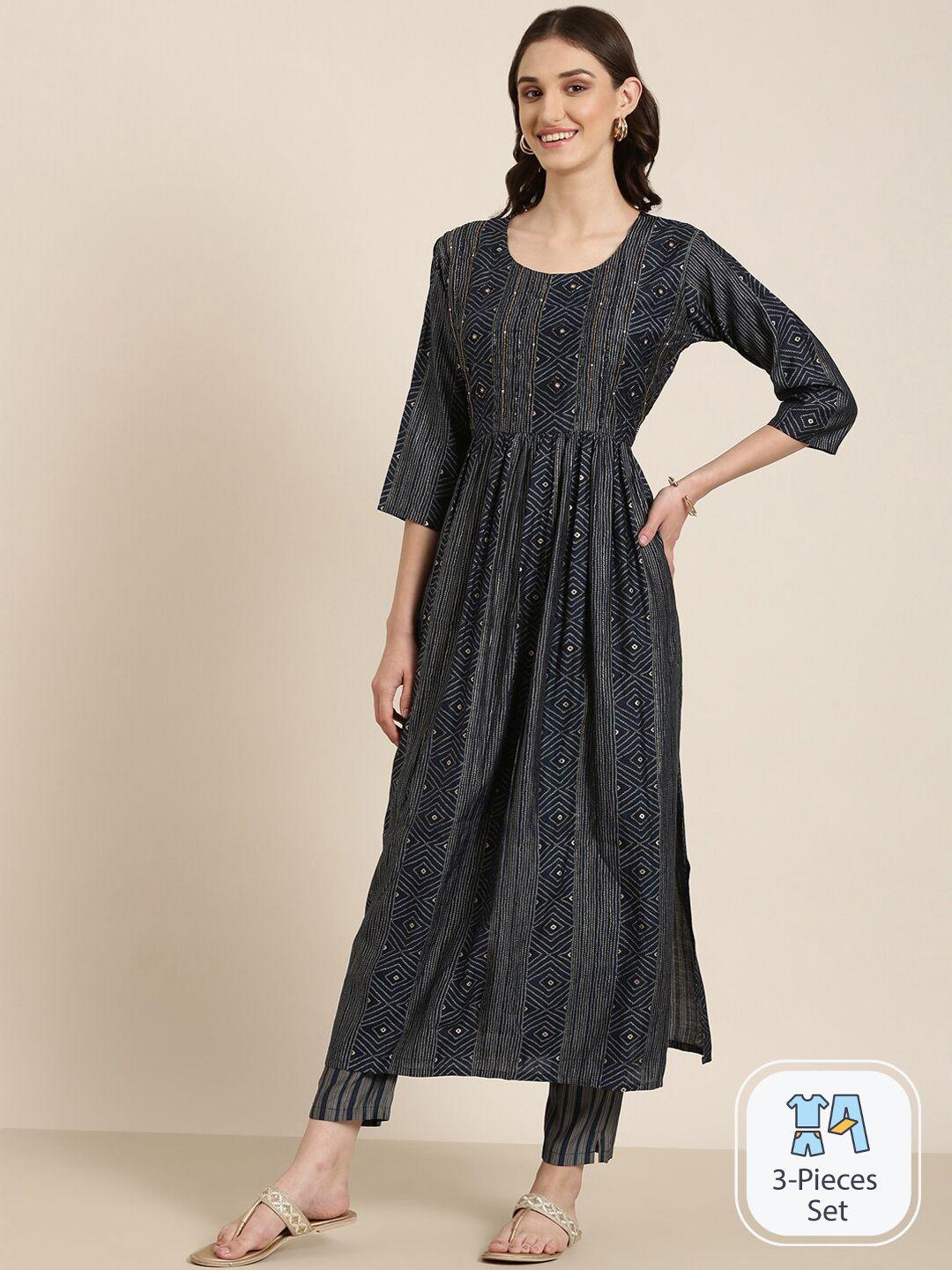 showoff bandhani printed empire beads & stones kurta with trousers & dupatta