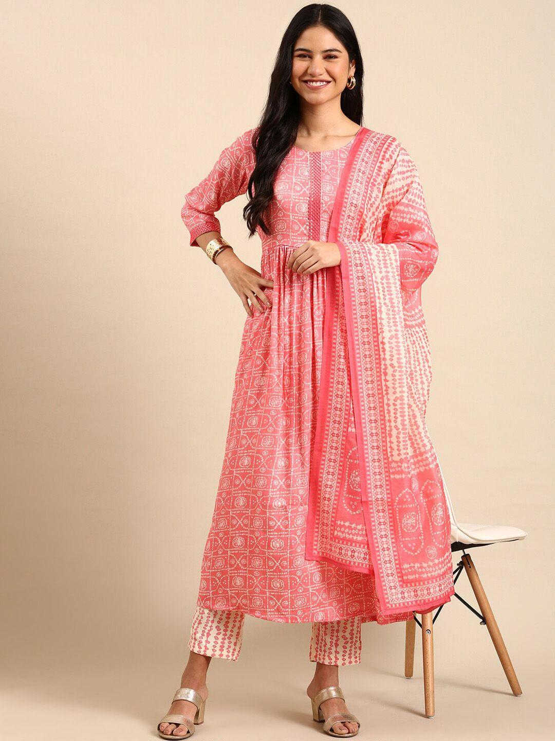 showoff bandhani printed sequinned a-line kurta with trousers & dupatta