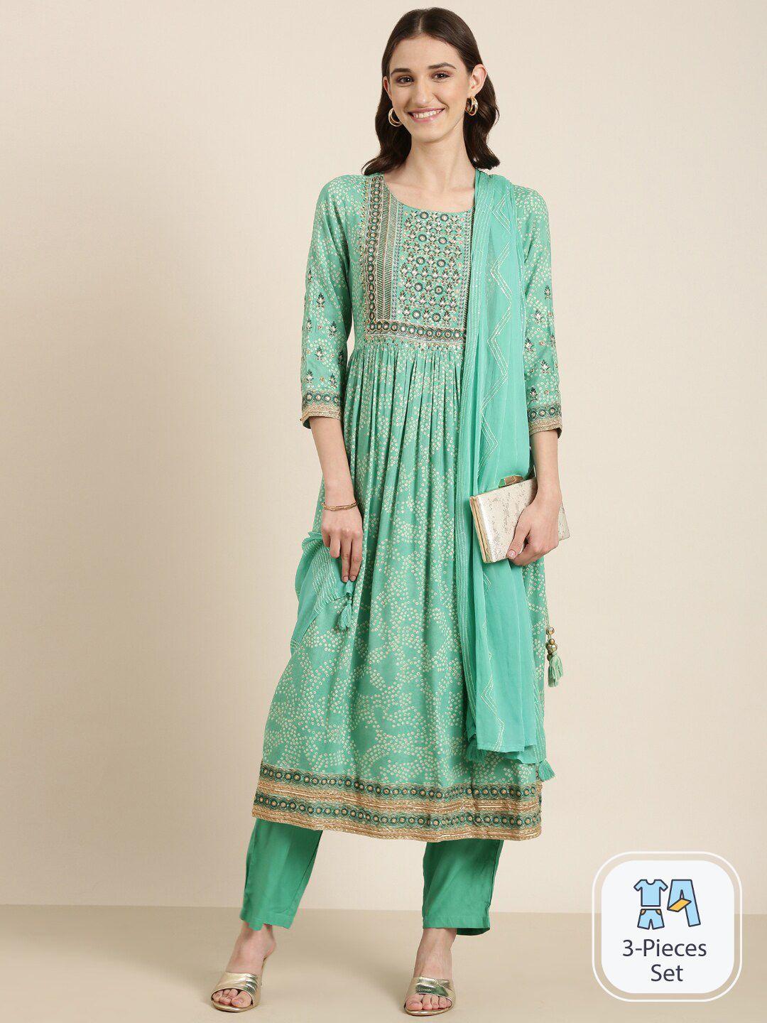 showoff bandhani printed thread work detailed pleated a-line kurta & trousers with dupatta