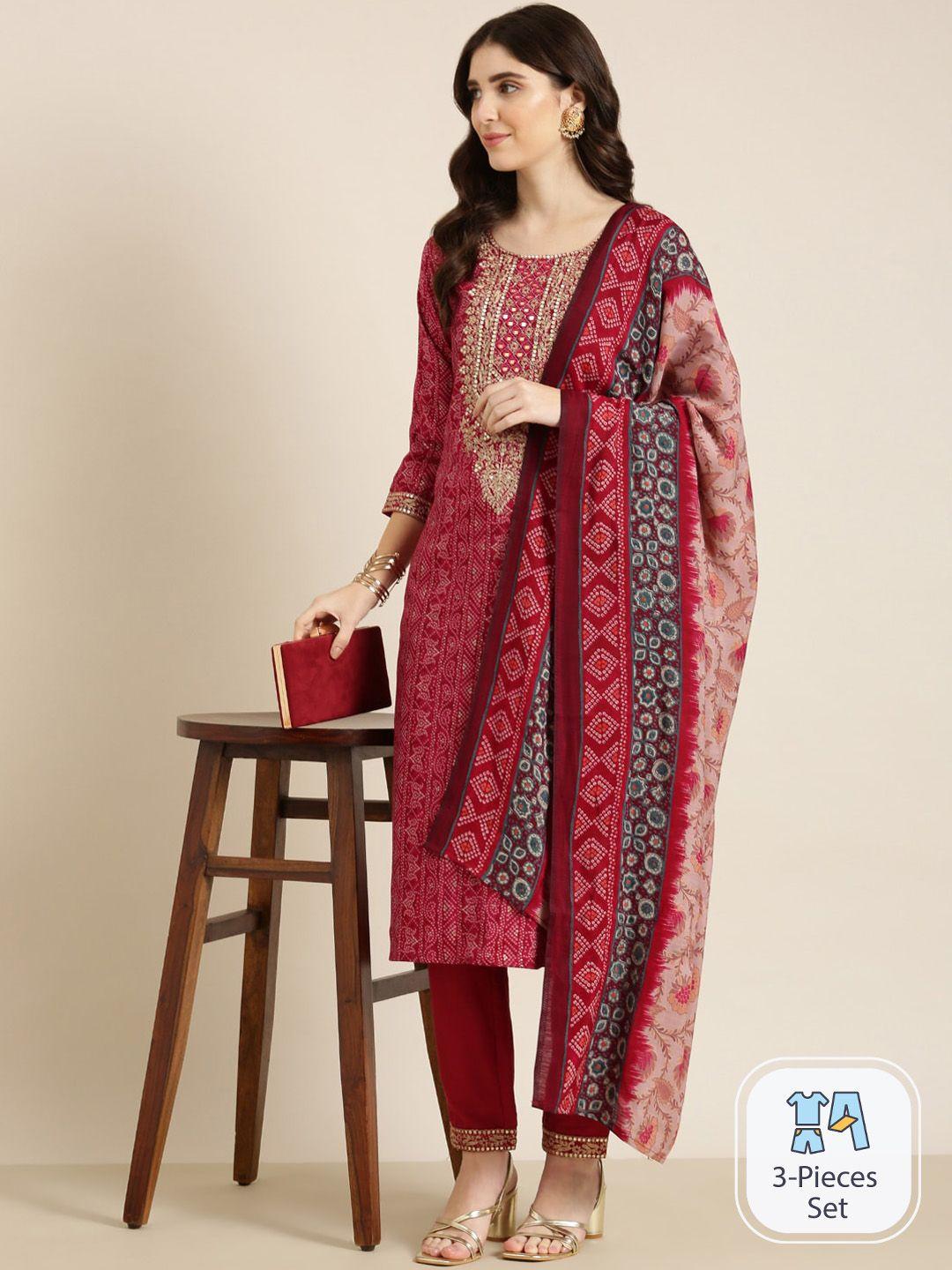 showoff bandhani printed thread work kurta & trousers with dupatta