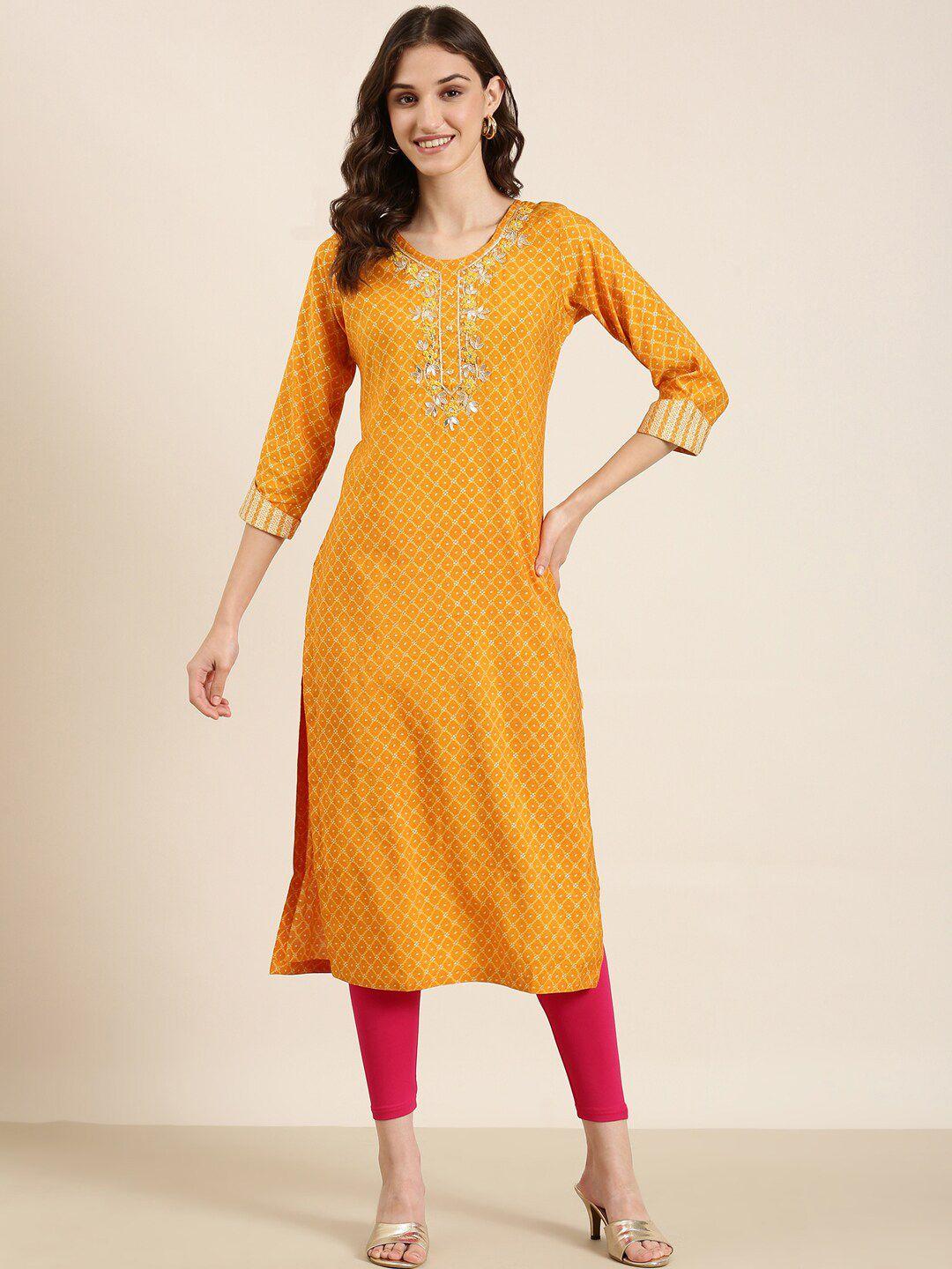 showoff bandhani printed thread work straight kurta