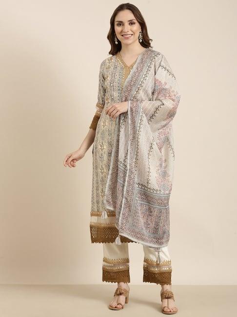 showoff beige & brown embellished kurta with pants & dupatta