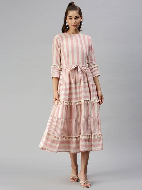 showoff beige & pink cotton stripes fit & flare dress