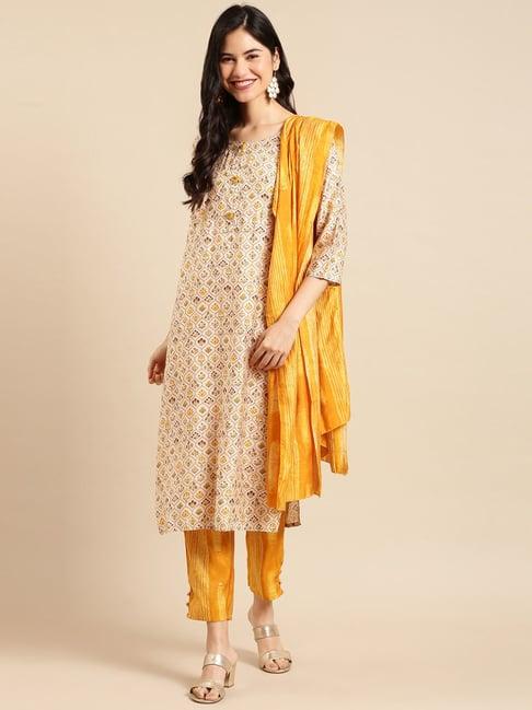 showoff beige & yellow printed straight calf length kurta with pants & dupatta