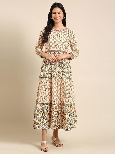 showoff beige cotton embellished a line kurta