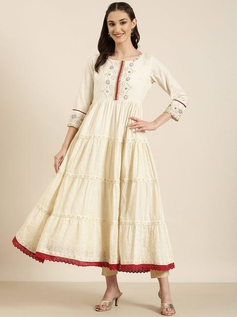 showoff beige cotton embellished kurta