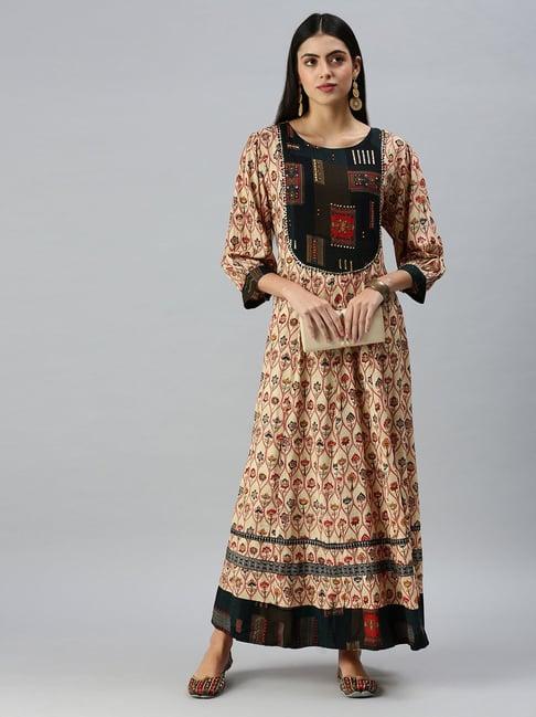 showoff beige cotton floral ankle length anarkali kurta