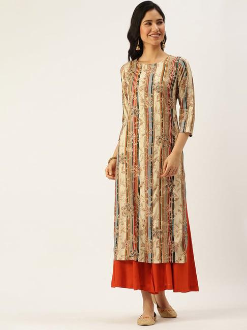 showoff beige cotton floral calf length straight kurta