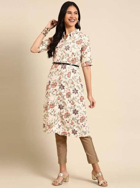 showoff beige cotton floral print a line kurta