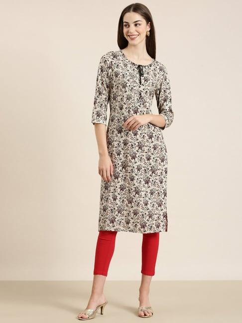 showoff beige cotton floral print kurta