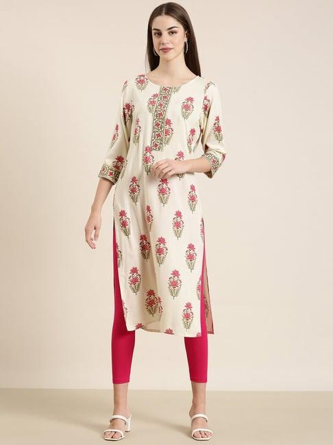 showoff beige cotton floral print kurta