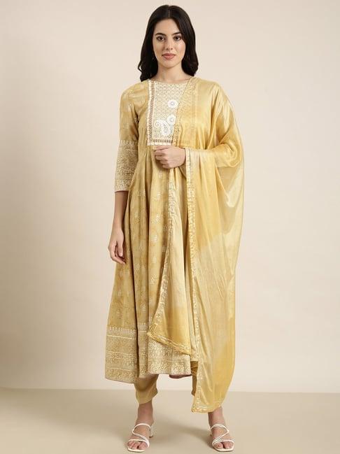 showoff beige embellished kurta with pants & dupatta