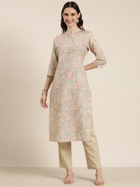 showoff beige embellished kurta with pants