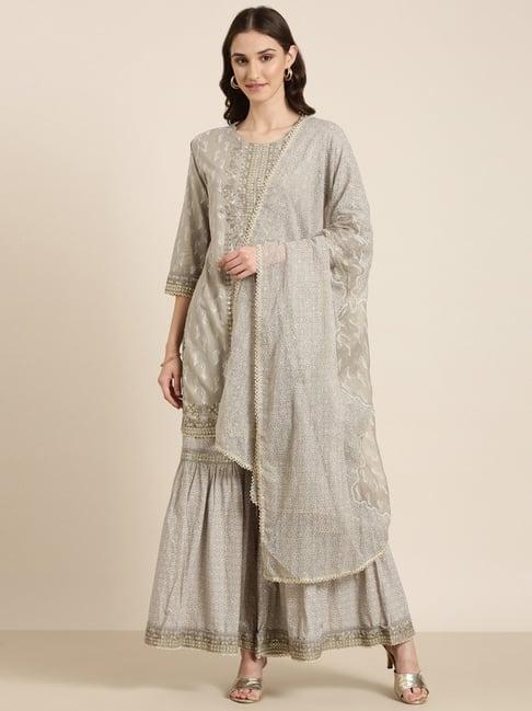 showoff beige embellished kurta with sharara & dupatta