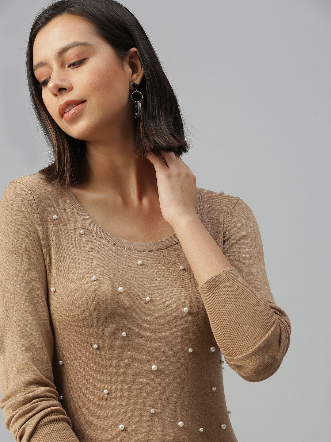 showoff beige embellished studded top