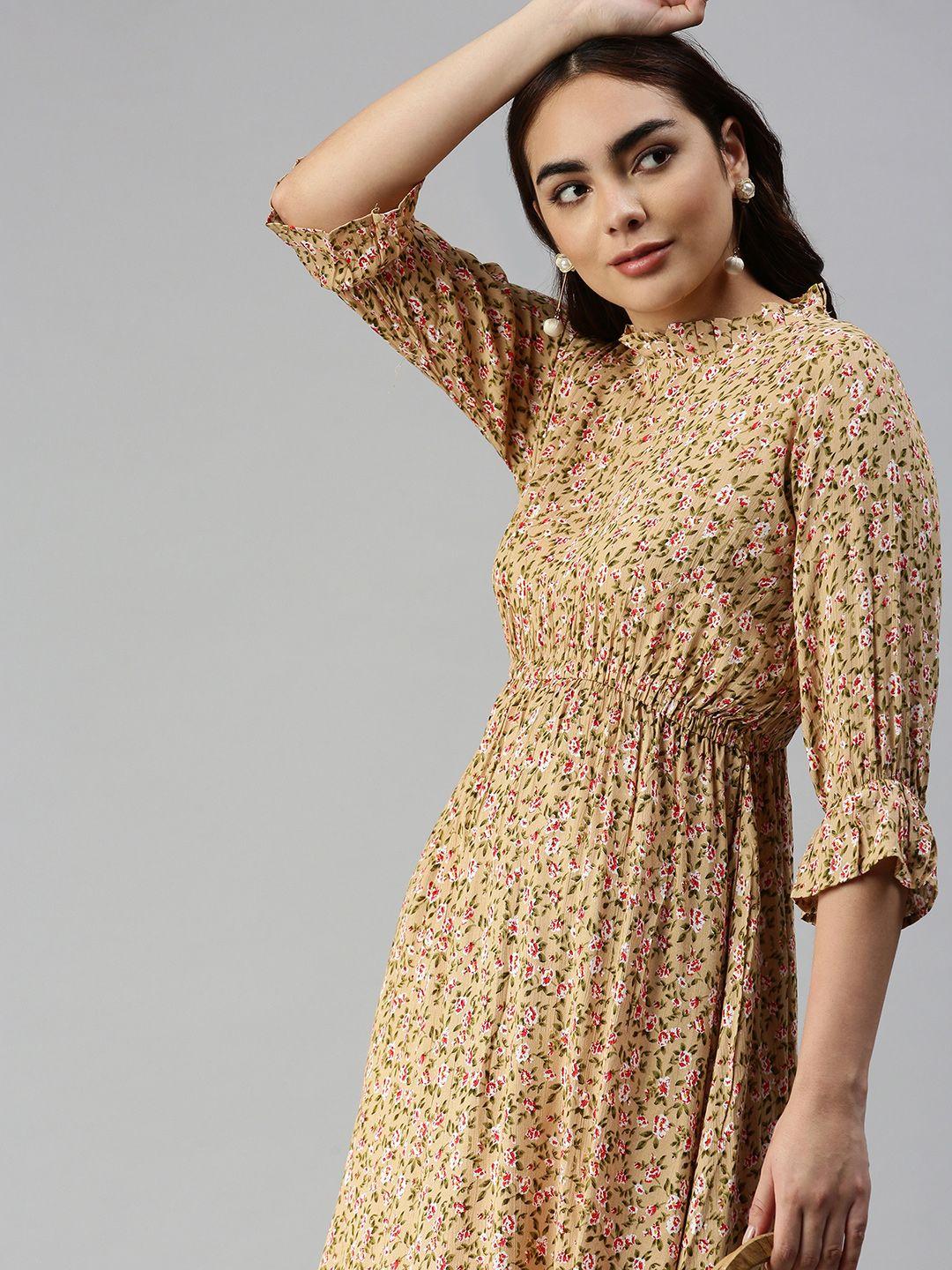 showoff beige floral crepe midi dress