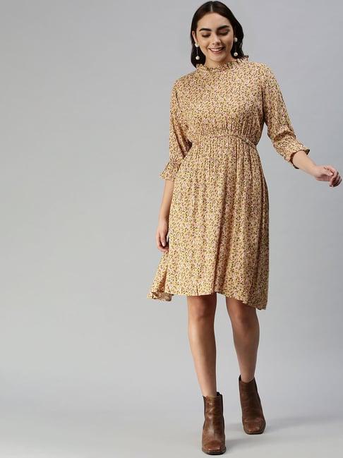 showoff beige floral print a line dress