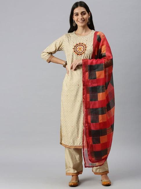 showoff beige floral print kurta with pants & dupatta