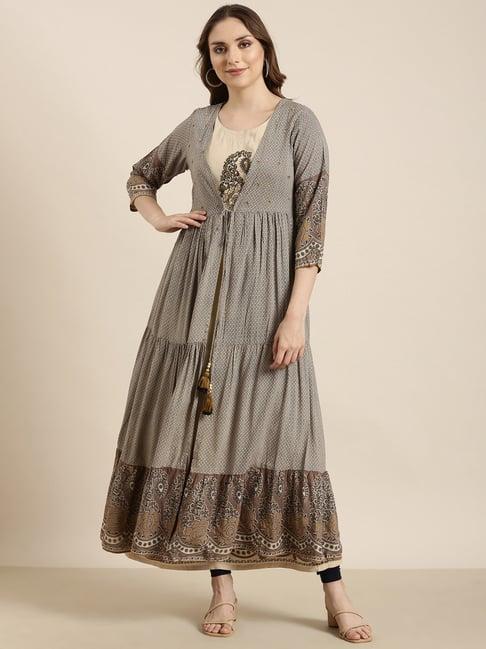 showoff beige printed anarkali kurta with jacket