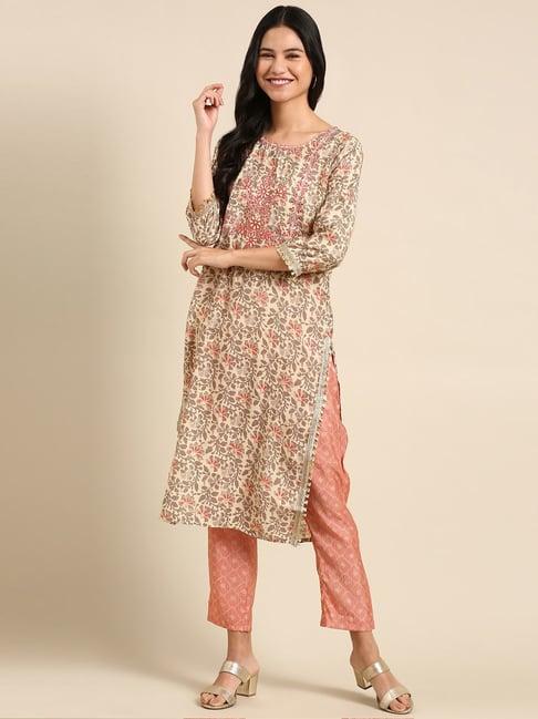 showoff beige printed kurta pant set