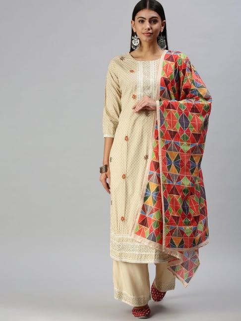 showoff beige printed kurta with palazzo & dupatta