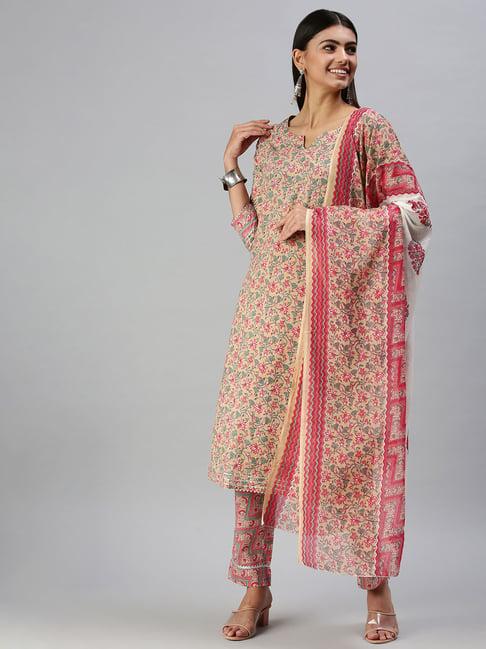 showoff beige printed kurta with pants & dupatta