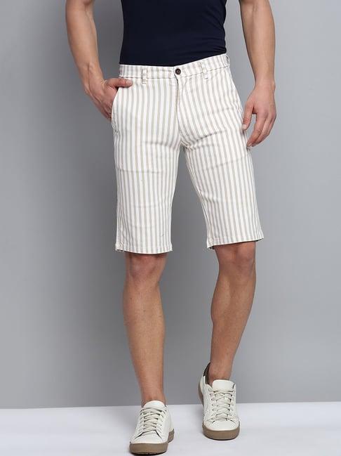 showoff beige regular fit striped shorts