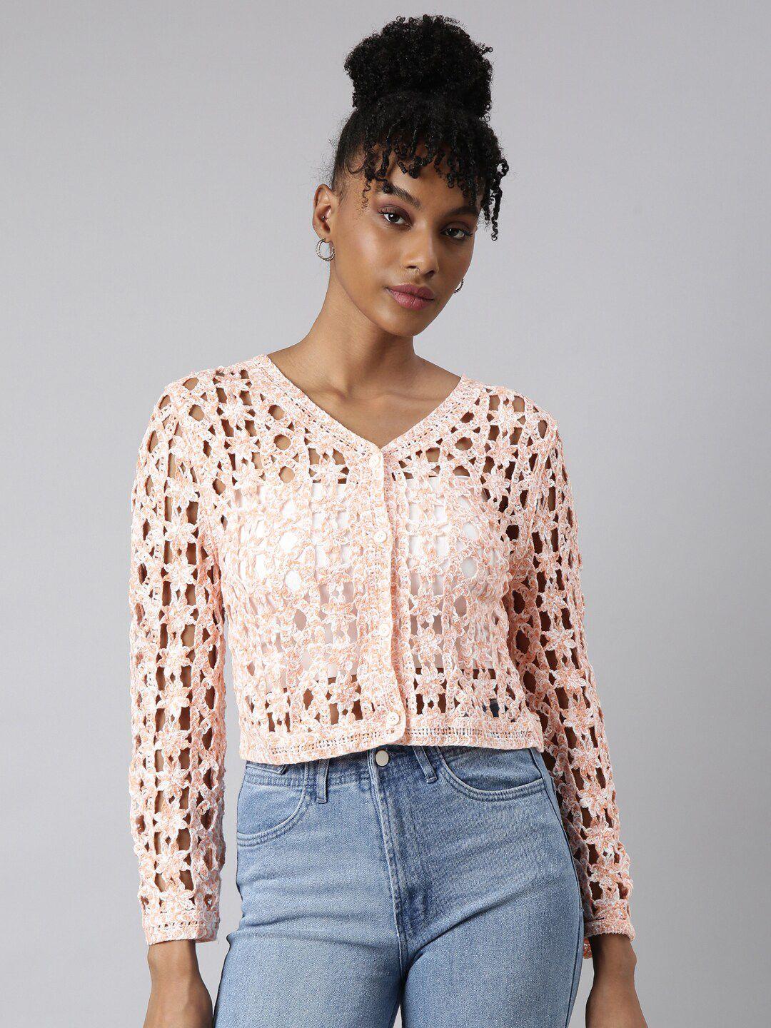 showoff bell sleeve v-neck self design crochet crop top