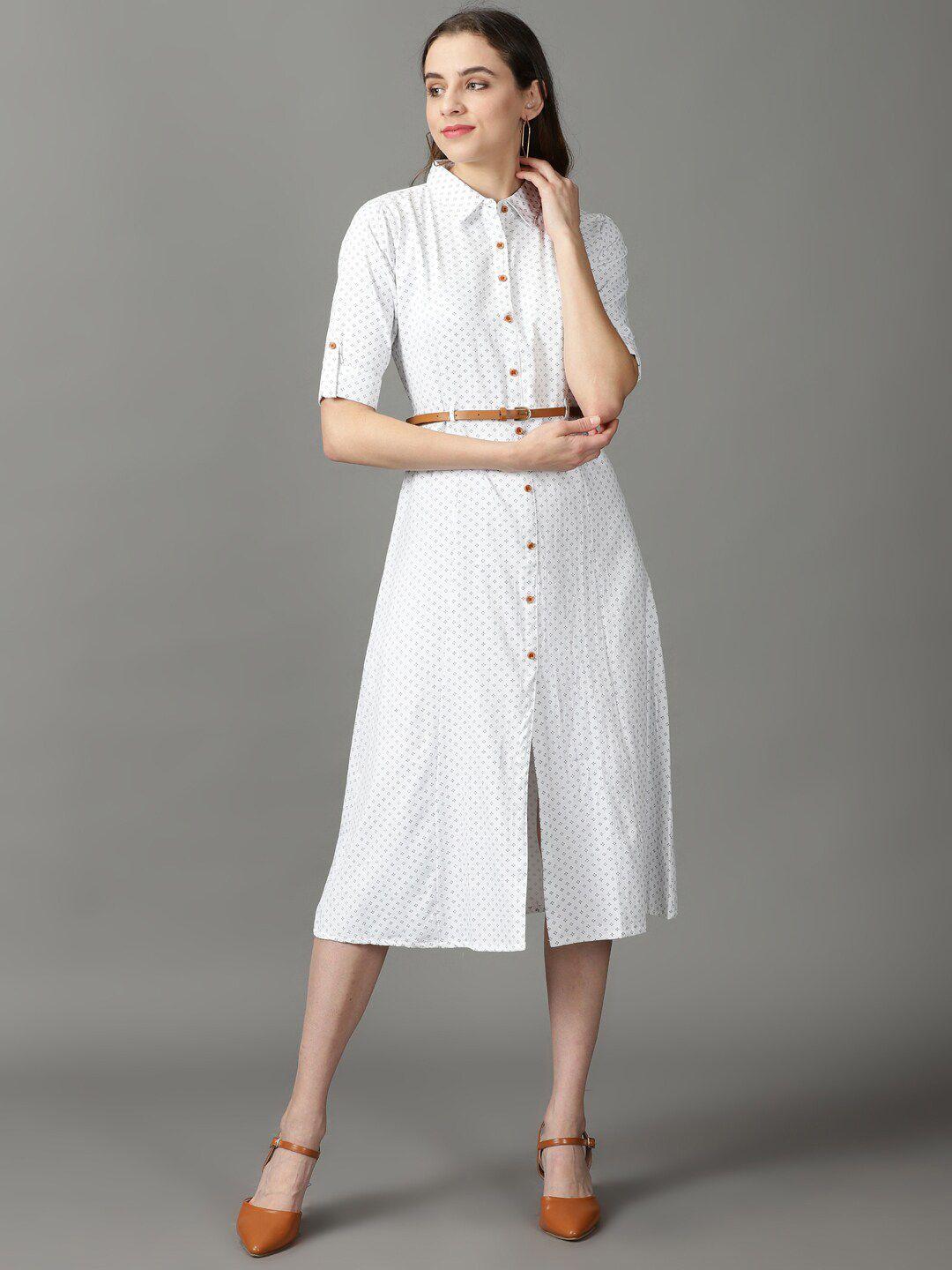 showoff belted roll-up sleeves cotton shirt midi dress