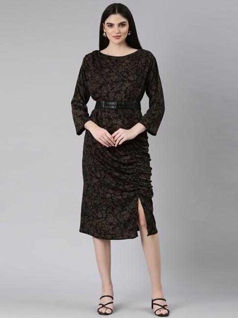 showoff black & brown knitted floral print midi dress