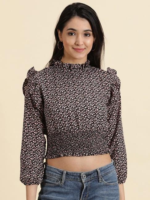 showoff black & peach floral print crop top