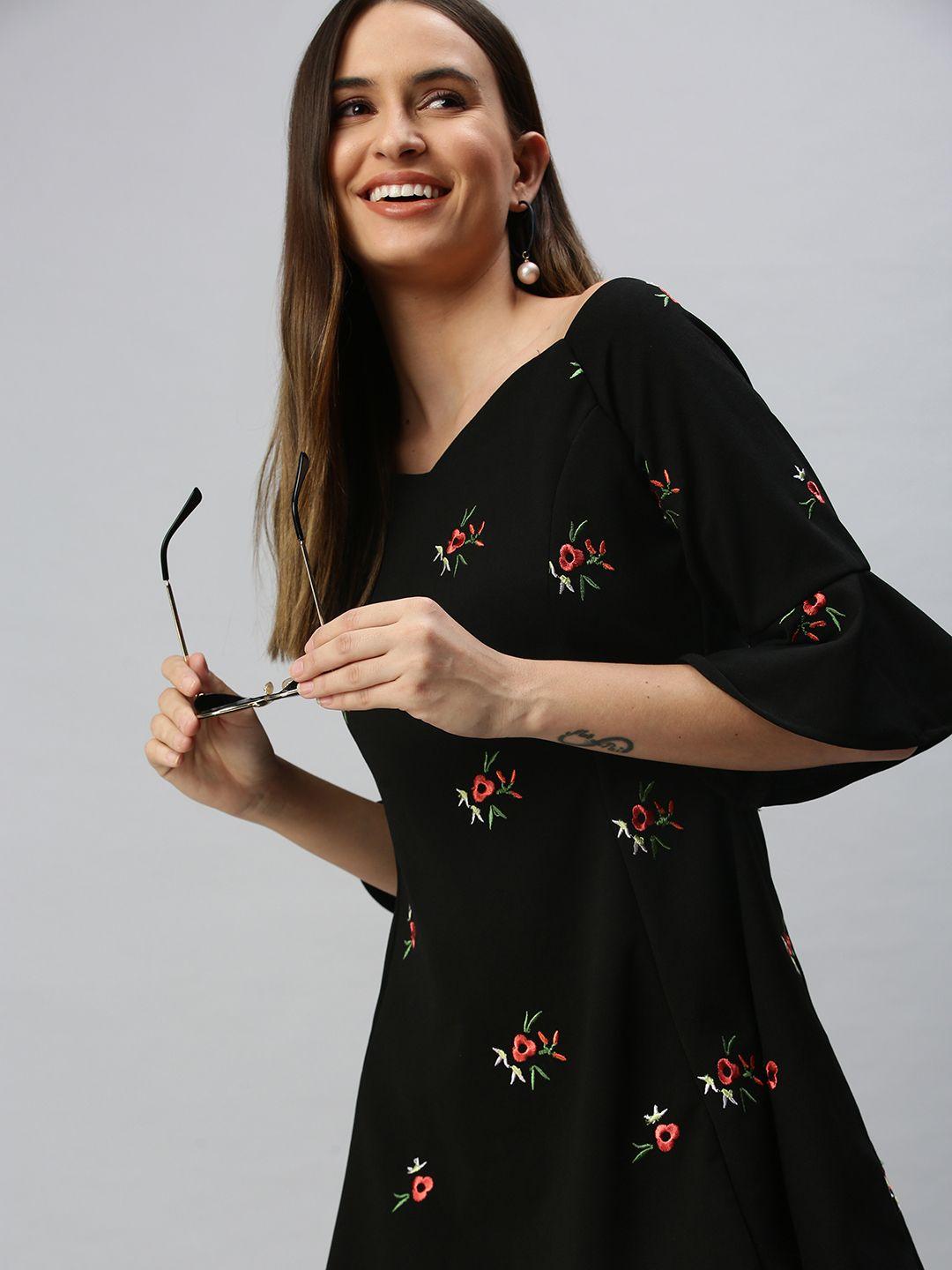 showoff black & red floral embroidered scuba a-line mini dress