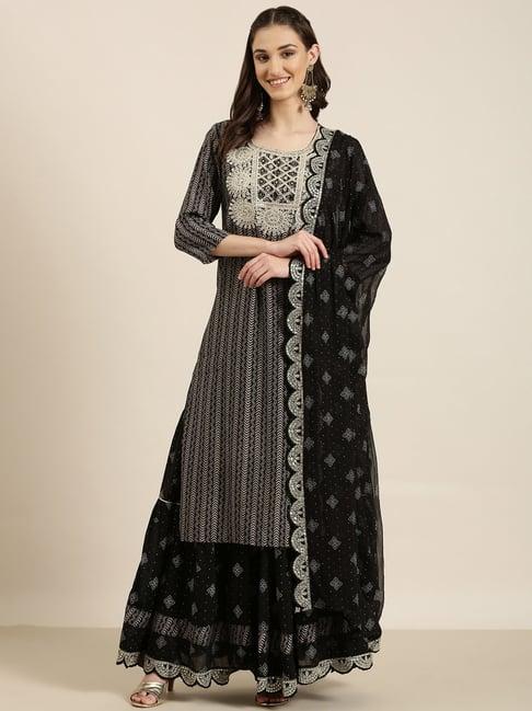 showoff black & white embellished kurta with skirt & dupatta