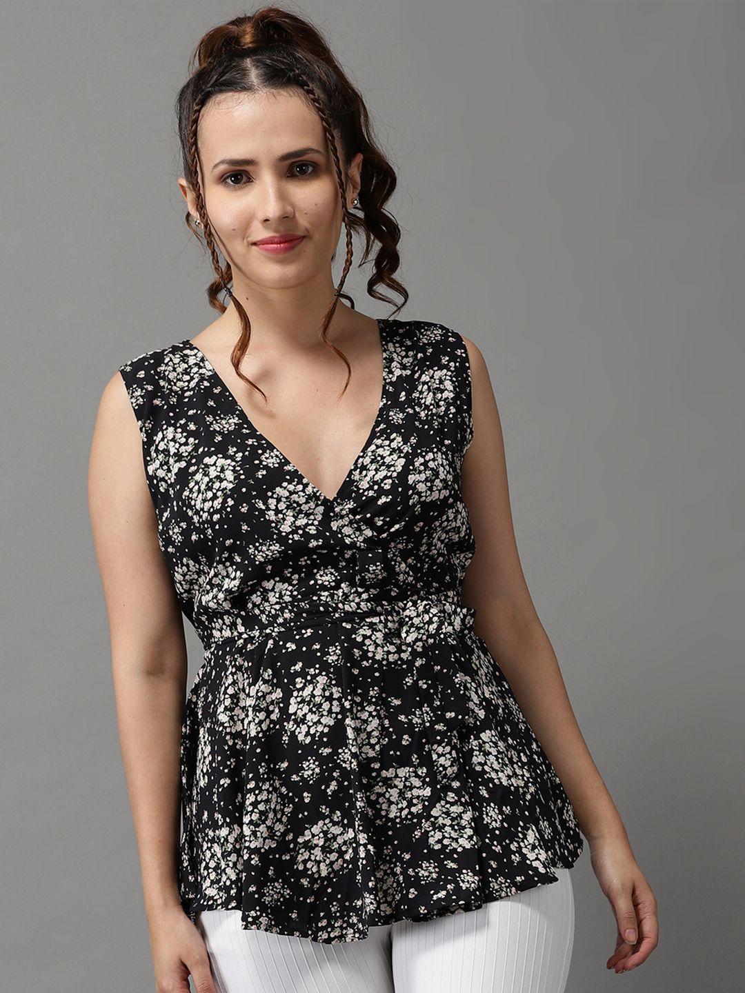 showoff black & white floral print georgette cinched waist top