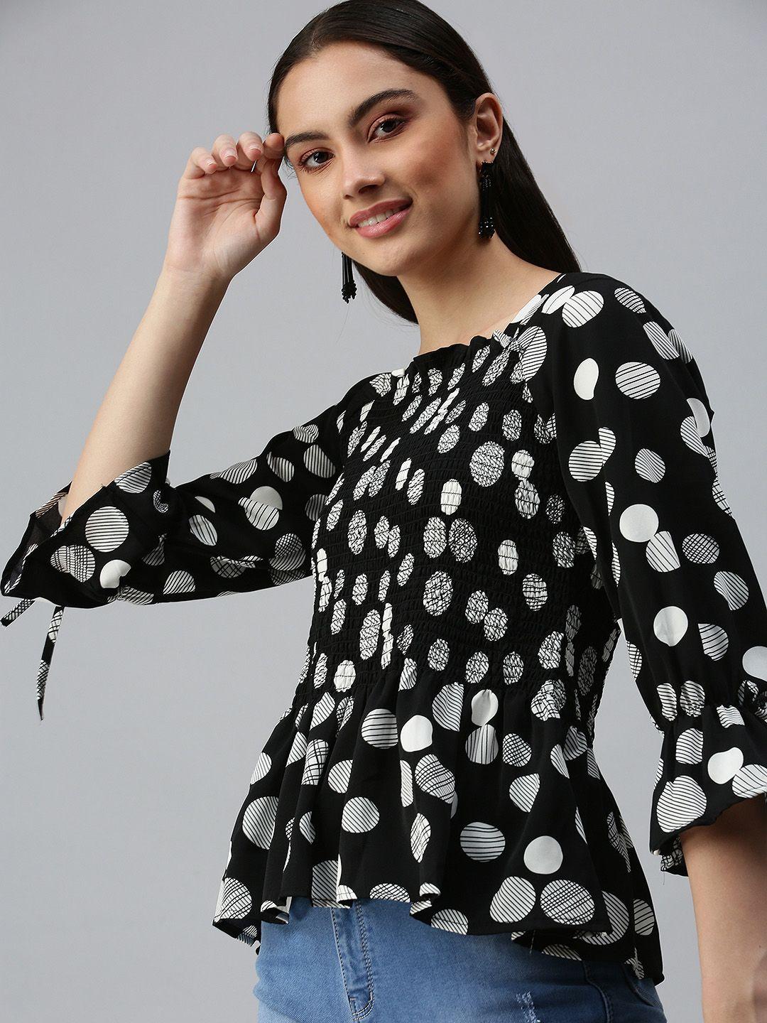 showoff black & white geometric print monochrome crepe peplum top