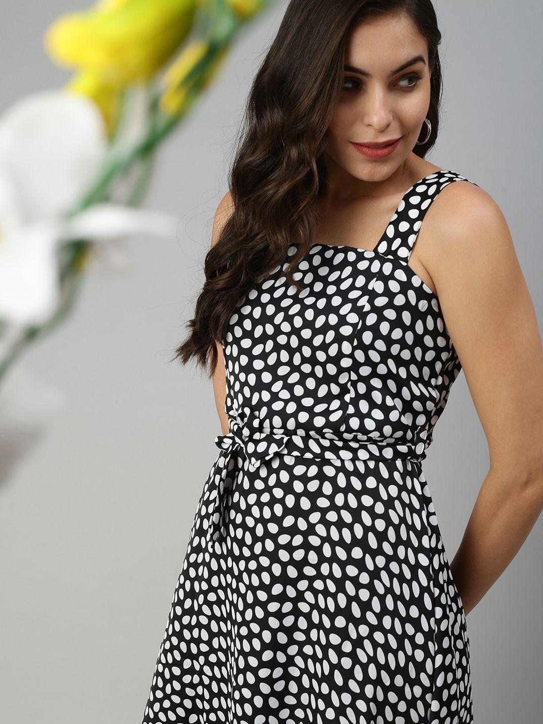 showoff black & white printed fit and flare dress
